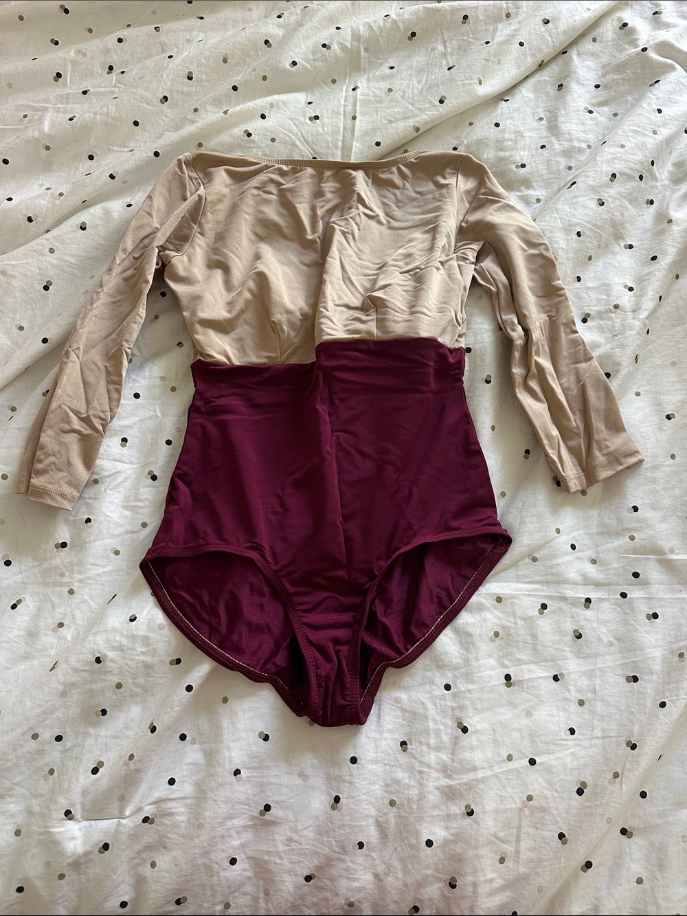 Two-Tone 3/4 Length Sleeve Leotard - Beige & Burgundy